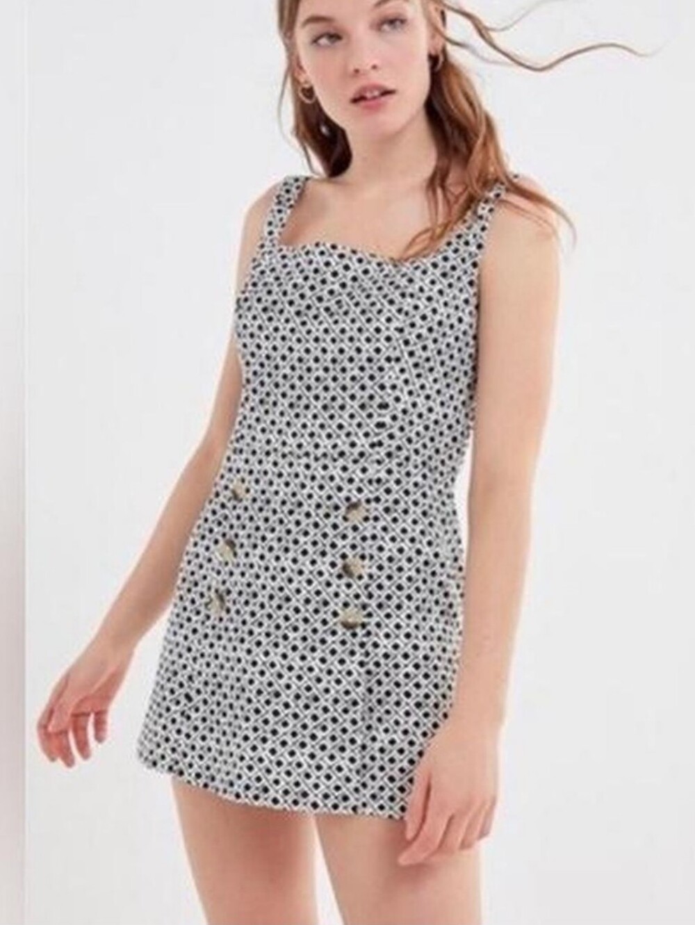 UO 70s Dalila Black White Geometric Square Neck Print Faux Skirt Romper Size XS